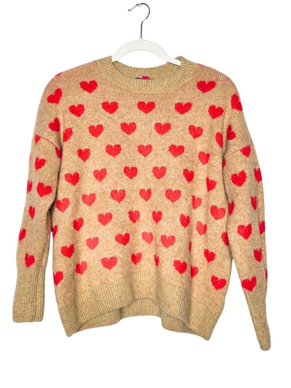 Vince Camuto Tan Crewneck Sweater with Red Heart Pattern